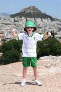 15 June 2023; Republic of Ireland supporter Charlie Whelan, age 7, from Navan, ahead of the UEFA EURO 2024 Championship Qualifier match between Greece and Republic of Ireland, on June 16, in Athens, Greece. Photo by Stephen McCarthy/Sportsfile