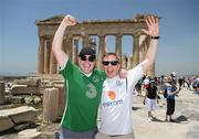 15 June 2023; Republic of Ireland supporters Conor McNickle and Eamonn Garry, right, at the Acropolis of Athens ahead of the UEFA EURO 2024 Championship Qualifier match between Greece and Republic of Ireland, on June 16, in Athens, Greece. Photo by Stephen McCarthy/Sportsfile