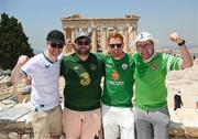 15 June 2023; Republic of Ireland supporters, from left, Daniel Kehoe, Luke Brannigan, Luke Sweeney and Adam Kelly, from Lucan, Dublin, at the Acropolis of Athens, ahead of the UEFA EURO 2024 Championship Qualifier match between Greece and Republic of Ireland, on June 16, in Athens, Greece. Photo by Stephen McCarthy/Sportsfile