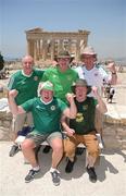 15 June 2023; Republic of Ireland supporters, from left, Christy O'Grady, Dave O'Connell, seated left, Phil Brennan, Paul Gibson, seated right, and Alan Gallagher, at the Acropolis of Athens, ahead of the UEFA EURO 2024 Championship Qualifier match between Greece and Republic of Ireland, on June 16, in Athens, Greece. Photo by Stephen McCarthy/Sportsfile