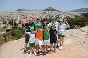 15 June 2023; Republic of Ireland supporters, back row, from left, Alan Daly, Robert Ryan, Martin Cleary, Andrew Whelan and Faye Whelan, with, front row, Charlie Whelan, age 7, Adam Daly, age 10, Cian Daly, age 9, and Luke Daly, age 9, ahead of the UEFA EURO 2024 Championship Qualifier match between Greece and Republic of Ireland, on June 16, in Athens, Greece. Photo by Stephen McCarthy/Sportsfile