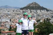 15 June 2023; Republic of Ireland supporters Andrew Whelan with Faye, age 12, and Charlie, age 7, from Navan, Meath, ahead of the UEFA EURO 2024 Championship Qualifier match between Greece and Republic of Ireland, on June 16, in Athens, Greece. Photo by Stephen McCarthy/Sportsfile