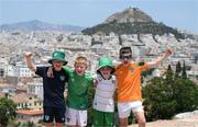15 June 2023; Republic of Ireland supporters, from left, Luke Daly, age 9, Cian Daly, age 9, both from Tullamore, Offaly, Charlie Whelan, age 7, from Navan, Meath, and Adam Daly, age 10, from Tullamore, Offaly, ahead of the UEFA EURO 2024 Championship Qualifier match between Greece and Republic of Ireland, on June 16, in Athens, Greece. Photo by Stephen McCarthy/Sportsfile