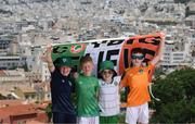 15 June 2023; Republic of Ireland supporters, from left, Luke Daly, age 9, Cian Daly, age 9, both from Tullamore, Offaly, Charlie Whelan, age 7, from Navan, Meath, and Adam Daly, age 10, from Tullamore, Offaly, ahead of the UEFA EURO 2024 Championship Qualifier match between Greece and Republic of Ireland, on June 16, in Athens, Greece. Photo by Stephen McCarthy/Sportsfile