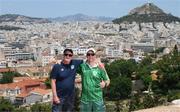 15 June 2023; Republic of Ireland supporters Martin Cleary and Robert Ryan ahead of the UEFA EURO 2024 Championship Qualifier match between Greece and Republic of Ireland, on June 16, in Athens, Greece. Photo by Stephen McCarthy/Sportsfile