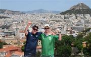 15 June 2023; Republic of Ireland supporters Martin Cleary and Robert Ryan ahead of the UEFA EURO 2024 Championship Qualifier match between Greece and Republic of Ireland, on June 16, in Athens, Greece. Photo by Stephen McCarthy/Sportsfile