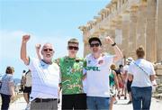 15 June 2023; Republic of Ireland supporters, from left, Joe Cosgrove, Cian Fitzpatrick and Jay Cosgrove, at the Acropolis of Athens, ahead of the UEFA EURO 2024 Championship Qualifier match between Greece and Republic of Ireland, on June 16, in Athens, Greece. Photo by Stephen McCarthy/Sportsfile