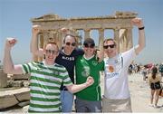 15 June 2023; Republic of Ireland supporters, from left, Charlie McGee, Brian Yeoman, Conor McNickle and Eamonn Garry, at the Acropolis of Athens, ahead of the UEFA EURO 2024 Championship Qualifier match between Greece and Republic of Ireland, on June 16, in Athens, Greece. Photo by Stephen McCarthy/Sportsfile