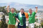 15 June 2023; Republic of Ireland supporters, from left, Rory Howard, Michael Kelly and Shay Kelly, from Sligo, ahead of the UEFA EURO 2024 Championship Qualifier match between Greece and Republic of Ireland, on June 16, in Athens, Greece. Photo by Stephen McCarthy/Sportsfile