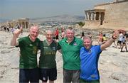 15 June 2023; Republic of Ireland supporters, from left, Martin Morrissey, Willie Killeen, Michael Melia and Michael Doherty, from Athenry, Galway, at the Acropolis of Athens, ahead of the UEFA EURO 2024 Championship Qualifier match between Greece and Republic of Ireland, on June 16, in Athens, Greece. Photo by Stephen McCarthy/Sportsfile