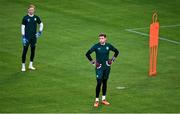 15 June 2023; Goalkeepers Mark Travers, right, and Caoimhin Kelleher during a Republic of Ireland training session at the OPAP Arena in Athens, Greece. Photo by Seb Daly/Sportsfile