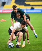 15 June 2023; Jamie McGrath, top, Michael Obafemi and coach Keith Andrews during a Republic of Ireland training session at the OPAP Arena in Athens, Greece. Photo by Stephen McCarthy/Sportsfile