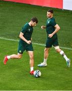 15 June 2023; Jayson Molumby, left, and Alan Browne during a Republic of Ireland training session at the OPAP Arena in Athens, Greece. Photo by Seb Daly/Sportsfile