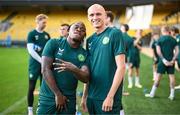 15 June 2023; Michael Obafemi, left, and Will Smallbone during a Republic of Ireland training session at the OPAP Arena in Athens, Greece. Photo by Stephen McCarthy/Sportsfile