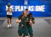 15 June 2023; Evan Ferguson and Michael Obafemi, right, during a Republic of Ireland training session at the OPAP Arena in Athens, Greece. Photo by Stephen McCarthy/Sportsfile