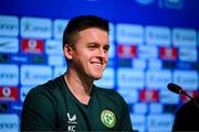 15 June 2023; Kieran Crowley, FAI communications manager, during a Republic of Ireland press conference at the OPAP Arena in Athens, Greece. Photo by Stephen McCarthy/Sportsfile