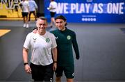15 June 2023; Damien Doyle, head of athletic performance, and Jeff Hendrick during a Republic of Ireland training session at the OPAP Arena in Athens, Greece. Photo by Stephen McCarthy/Sportsfile