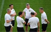 15 June 2023; Manager Stephen Kenny, centre, with coaches, from left, Dean Kiely, Stephen Rice, Keith Andrews, John O'Shea and head of athletic performance Damien Doyle during a Republic of Ireland training session at the OPAP Arena in Athens, Greece. Photo by Seb Daly/Sportsfile