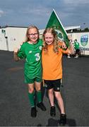16 June 2023; Supporters Robyn Comerford, age 9, left, and Chloe Nolan, age 10, from Rathcoole, Dublin before a Republic of Ireland women open training session at UCD Bowl in Dublin. Photo by Ramsey Cardy/Sportsfile