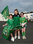 16 June 2023; Supporters Emme O'Callaghan, age 9, Lucy McClean, age 9, centre, and Amelia Hanlon, age 10, from Rathcoole, Dublin before a Republic of Ireland women open training session at UCD Bowl in Dublin. Photo by Ramsey Cardy/Sportsfile