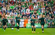 16 June 2023; Players, from left, Izzy Atkinson, Hayley Nolan and Lily Agg during a Republic of Ireland women open training session at UCD Bowl in Dublin. Photo by Ramsey Cardy/Sportsfile