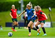 16 June 2023; Lily Agg in action against Tara O'Hanlon, right, during a Republic of Ireland women open training session at UCD Bowl in Dublin. Photo by Ramsey Cardy/Sportsfile