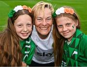 16 June 2023; Manager Vera Pauw with supporters Saoirse Costello and Áine Byrne from Leixlip during a Republic of Ireland women open training session at UCD Bowl in Dublin. Photo by Ramsey Cardy/Sportsfile