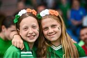 16 June 2023; Supporters Saoirse Costello and Áine Byrne from Leixlip during a Republic of Ireland women open training session at UCD Bowl in Dublin. Photo by Ramsey Cardy/Sportsfile