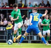 16 June 2023; Andy Moran of Republic of Ireland, centre, in action against Arsenii Batahov and Oleksandr Syrota of Ukraine during the U21 International friendly match between Ukraine and the Republic of Ireland at Union Sport-Club, Blamau in Bad Blamau, Austria. Photo by Blaz Weindorfer/Sportsfile