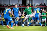 16 June 2023; Andy Moran of Republic of Ireland, centre, in action against Arsenii Batahov and Oleksandr Syrota of Ukraine during the U21 International friendly match between Ukraine and the Republic of Ireland at Union Sport-Club, Blamau in Bad Blamau, Austria. Photo by Blaz Weindorfer/Sportsfile