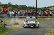 16 June 2023; Josh Moffett and Andy Hayes in their Hyundai i20 R5 during day one of the Wilton Recycling Donegal International Rally round 5 of the Irish Tarmac Rally Championship at Donegal Town in Donegal. Photo by Philip Fitzpatrick/Sportsfile