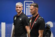 16 June 2023; Republic of Ireland players Alan Browne, right, and Troy Parrott arrive for the UEFA EURO 2024 Championship qualifying group B match between Greece and Republic of Ireland at the OPAP Arena in Athens, Greece. Photo by Stephen McCarthy/Sportsfile