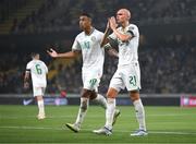 16 June 2023; Adam Idah, left, and Will Smallbone of Republic of Ireland appeal to the linesman before Republic of Ireland's first goal by Nathan Collins was given during the UEFA EURO 2024 Championship qualifying group B match between Greece and Republic of Ireland at the OPAP Arena in Athens, Greece. Photo by Stephen McCarthy/Sportsfile