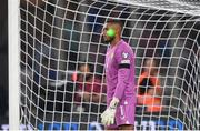 16 June 2023; A laser is seen shining on the face of Republic of Ireland goalkeeper Gavin Bazunu as he prepares for a penalty from Tasos Bakasetas of Greece, which he scored, for the first goal of the UEFA EURO 2024 Championship qualifying group B match between Greece and Republic of Ireland at the OPAP Arena in Athens, Greece. Photo by Seb Daly/Sportsfile