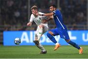 16 June 2023; Nathan Collins of Republic of Ireland in action against Vangelis Pavlidis of Greece during the UEFA EURO 2024 Championship qualifying group B match between Greece and Republic of Ireland at the OPAP Arena in Athens, Greece. Photo by Stephen McCarthy/Sportsfile
