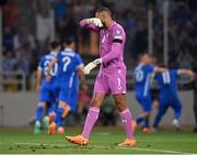 16 June 2023; Republic of Ireland goalkeeper Gavin Bazunu reacts after Greece's first goal during the UEFA EURO 2024 Championship qualifying group B match between Greece and Republic of Ireland at the OPAP Arena in Athens, Greece. Photo by Seb Daly/Sportsfile