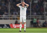16 June 2023; Nathan Collins of Republic of Ireland awaits the VAR decision on his side's first goal during the UEFA EURO 2024 Championship qualifying group B match between Greece and Republic of Ireland at the OPAP Arena in Athens, Greece. Photo by Seb Daly/Sportsfile