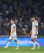 16 June 2023; Republic of Ireland players Josh Cullen, left, and John Egan after their defeat in the UEFA EURO 2024 Championship qualifying group B match between Greece and Republic of Ireland at the OPAP Arena in Athens, Greece. Photo by Seb Daly/Sportsfile