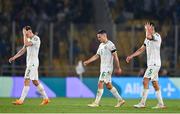 16 June 2023; Republic of Ireland players, from left, Evan Ferguson, Josh Cullen and John Egan after their defeat in the UEFA EURO 2024 Championship qualifying group B match between Greece and Republic of Ireland at the OPAP Arena in Athens, Greece. Photo by Seb Daly/Sportsfile