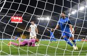 16 June 2023; Pantelis Hatzidiakos of Greece celebrates his side's second goal, scored by Giorgos Masouras, during the UEFA EURO 2024 Championship qualifying group B match between Greece and Republic of Ireland at the OPAP Arena in Athens, Greece. Photo by Seb Daly/Sportsfile