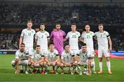 16 June 2023; The Republic of Ireland team, back row, from left, Nathan Collins, Matt Doherty, Gavin Bazunu, Darragh Lenihan, Will Smallbone and Evan Ferguson, with, front row, Adam Idah, Jayson Molumby, Callum O’Dowda, Josh Cullen and John Egan before the UEFA EURO 2024 Championship qualifying group B match between Greece and Republic of Ireland at the OPAP Arena in Athens, Greece. Photo by Stephen McCarthy/Sportsfile