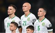 16 June 2023; Republic of Ireland players, from right, Josh Cullen, Will Smallbone and Jayson Molumby before the UEFA EURO 2024 Championship qualifying group B match between Greece and Republic of Ireland at the OPAP Arena in Athens, Greece. Photo by Seb Daly/Sportsfile