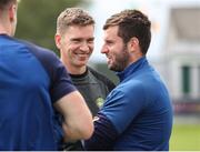 17 June 2023; Offaly backroom team member Brendan Maher in conversation with Cathal Barrett of Tipperary before the GAA Hurling All-Ireland Senior Championship Preliminary Quarter Final match between Offaly and Tipperary at Glenisk O'Connor Park in Tullamore, Offaly. Photo by Michael P Ryan/Sportsfile