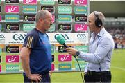 17 June 2023; Tipperary manager Liam Cahill is interviewed by Dave McIntyre of GAAGO before the GAA Hurling All-Ireland Senior Championship Preliminary Quarter Final match between Offaly and Tipperary at Glenisk O'Connor Park in Tullamore, Offaly. Photo by Michael P Ryan/Sportsfile