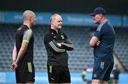 17 June 2023; Dublin manager Mick Bohan speaks to Kerry joint-managers Darragh Long, left, and Declan Quill before the TG4 All-Ireland Ladies Senior Football Championship Round 1 match between Dublin and Kerry at Parnell Park in Dublin. Photo by Harry Murphy/Sportsfile