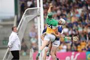 17 June 2023; Paddy Clancy of Offaly in action against Michael Breen of Tipperary during the GAA Hurling All-Ireland Senior Championship Preliminary Quarter Final match between Offaly and Tipperary at Glenisk O'Connor Park in Tullamore, Offaly. Photo by Michael P Ryan/Sportsfile