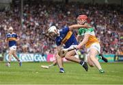 17 June 2023; Craig Morgan of Tipperary in action against Charlie Mitchell of Offaly during the GAA Hurling All-Ireland Senior Championship Preliminary Quarter Final match between Offaly and Tipperary at Glenisk O'Connor Park in Tullamore, Offaly. Photo by Michael P Ryan/Sportsfile
