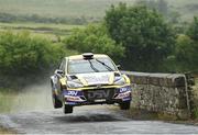 17 June 2023; Josh Moffett and Andy Hayes in their Hyundai i20 R5 during day two of the Wilton Recycling Donegal International Rally round 5 of the Irish Tarmac Championship at Portsalon in Donegal. Photo by Philip Fitzpatrick/Sportsfile