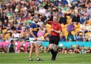 17 June 2023; Dan McCormack of Tipperary is shown a black card by referee Johnny Murphy during the GAA Hurling All-Ireland Senior Championship Preliminary Quarter Final match between Offaly and Tipperary at Glenisk O'Connor Park in Tullamore, Offaly. Photo by Michael P Ryan/Sportsfile