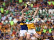 17 June 2023; Paddy Clancy of Offaly in action against Craig Morgan of Tipperary during the GAA Hurling All-Ireland Senior Championship Preliminary Quarter Final match between Offaly and Tipperary at Glenisk O'Connor Park in Tullamore, Offaly. Photo by Michael P Ryan/Sportsfile
